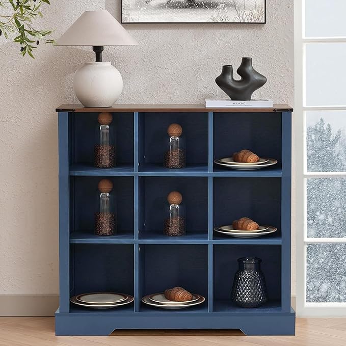 9 Cube Storage Organizer, Wood Cube Bookshelf with LED Lights, Horizontal Storage Cubes, Kids Bookshelf, Display Cabinet Cubby Shelf for Living Room Home Office Bedroom，Navy Blue