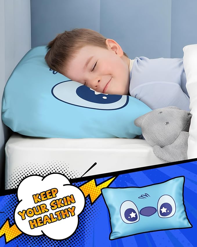 Silk Pillowcase for Kids - 30 x 20 Inches Queen Size Mulberry Silk Pillow Case with Zipper Cute Cartoon Kawaii Teens Girls Boys Pillowcase for Hair and Skin, Blue Eye