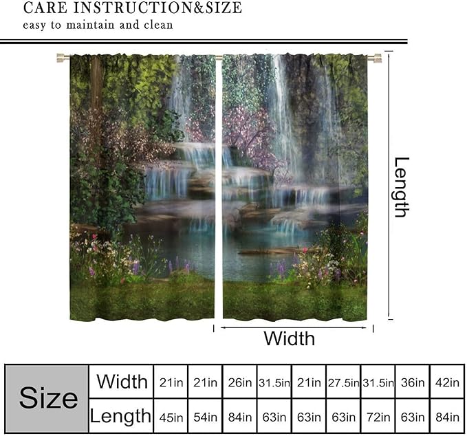 Natural Waterfall Blackout Window Curtains, Waterfalls Flowers Trees Landscape Window Drapes, for Living Room Bedroom 55" W X 63" L