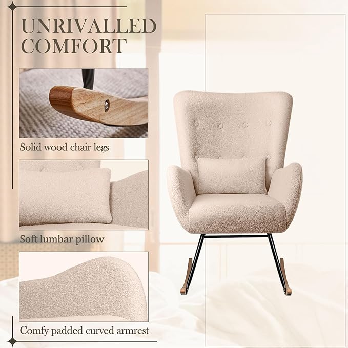 Waleaf Teddy Upholstered Rocking Chair Indoor with High Backrest Glider, Padded Seat Nursing Chair Comfy for Bedroom (Beige)