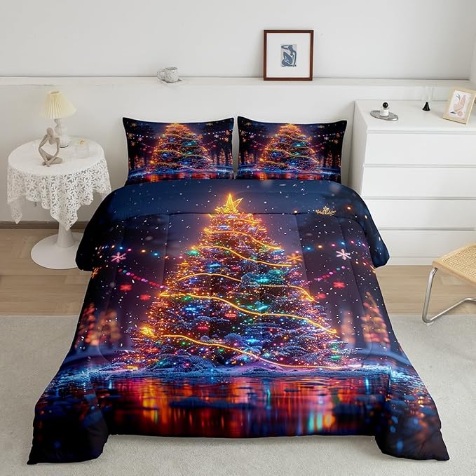3D Christmas Tree Comforter Set Twin Size,Snowflake Glitter Polka Dot Bedding Set for Kids Boys Girls Room Decor,Merry Christmas Quilt Set 2Pcs,Xmas Neon Style Fashion Duvet Insert,1 Pillowcase