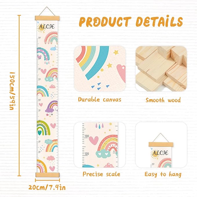 Personalized Name Kids Growth Chart, Watercolor Animal Canvas Baby Height Growth Chart Wall Decor for Baby Kids Toddlers (Rainbows)