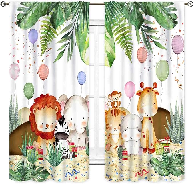 Jungle Safari Animals Curtains, Cartoon Animals Lion Giraffe Elephant Woodland Tropical Leaf Green Window Drapery for Kids Boys Girls Baby Living Room Bedroom Nursery 2 Panels, 52"x84" Inch