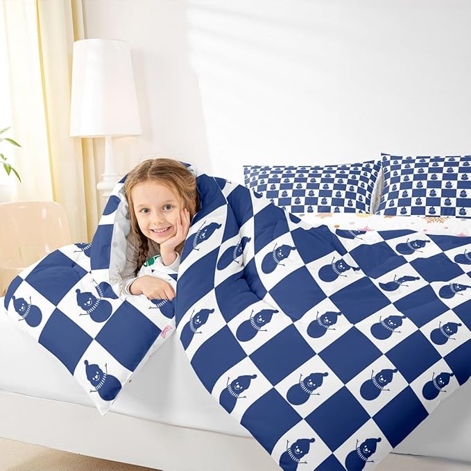 Feelyou Christmas Comforter Set All Season Checkered Bedding Set with 2 Pillow Cases Snowman Kids Queen Bedclothes Xmas Decorations Bedroom Decor Blue Duvet Quilt Breathable Soft Lightweight