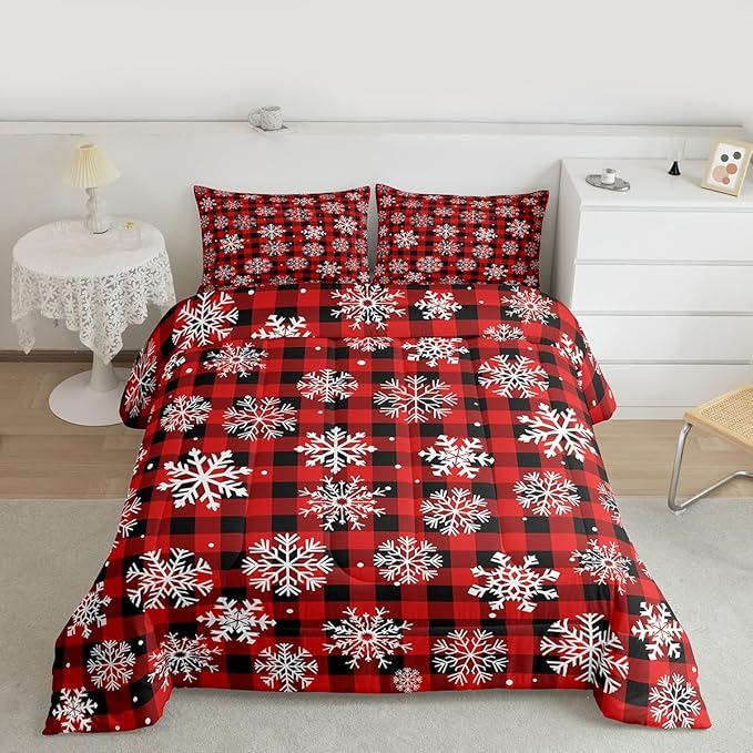 Feelyou Christmas Comforter Set Twin Size Red Black Plaid Bedding Set for Kids Boys Girls Winter Snow Duvet Quilt Snowflake Red Bedroom Decor Microfiber 2 Pcs with 1 Pillow Cases