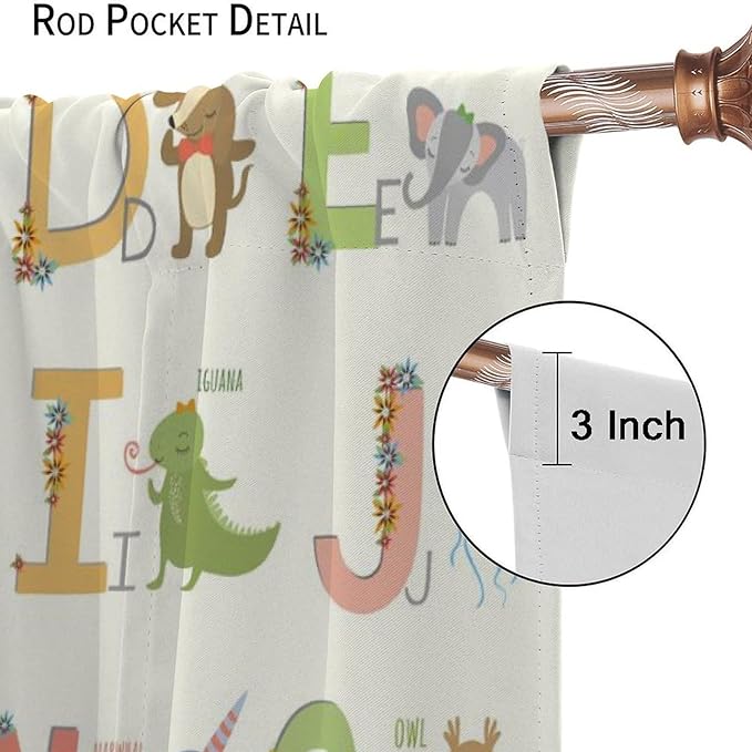 Kids Alphabet Curtains Funny Letter Education Cute Cartoon Animal Printed Curtain with Rod Pocket for Bedroom Living Room Home Decor Drapes Window Treatments 2 Panels Set 55" W X 63" L