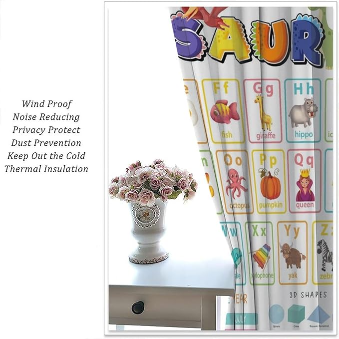 Funny Kids Alphabet Curtain, Cartoon Animal Alphabet Learning Dinosaur Boys Kids Students Baby Educational Colorful Blackout Window Treatments for Bedroom Living Room School 42" W X 45" L