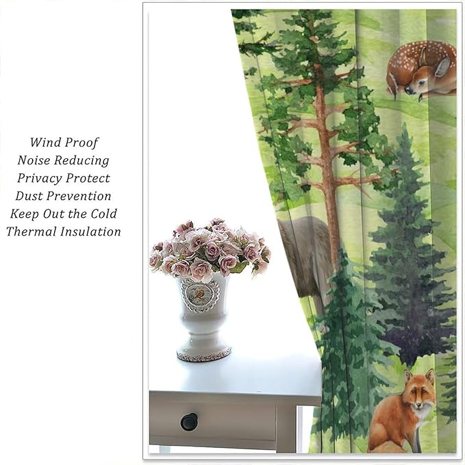 Woodland Animal Curtains, Watercolor Jungle Animals Fox Bear Pattern Window Treatments, Rod Pocket Thermal Insulated Drapes 2 Panel Sets for Kids Bedroom Nursery Classroom, 42" W X 45" L【Decor】