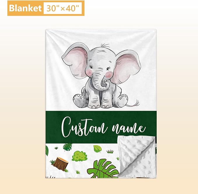 Personalized Baby Crib Set, 5 Pcs Baby Boy Crib Bedding Set, Custom Name Green Elephant Baby Crib Bedding Set Neutral, Double Layer Flannel Nursery Bedding Set, Infant Toddler Customized Gift