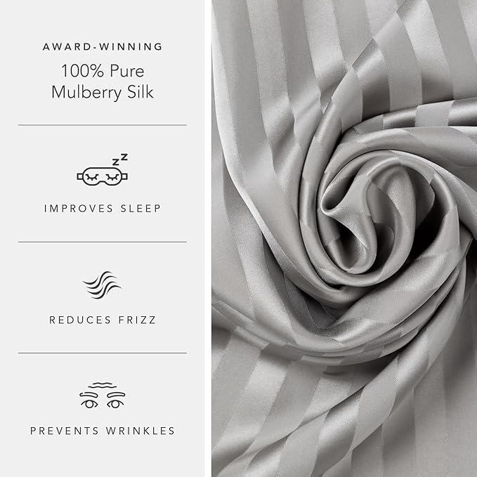 Fishers Finery 25mm 100% Pure Mulberry Silk Pillowcase (Gray Stripe Queen)