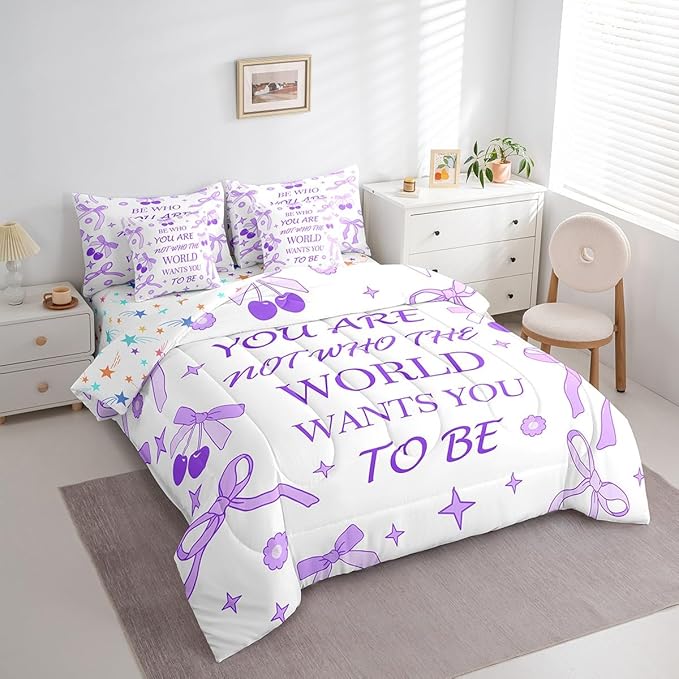 7 Pieces Purple Bowknot Kids Comforter Set King,Cherry Tropical Fruit Stars Daisy Cute Bedding Set,Bow Tie Cartoon Princess Romantic（Comforter+Fitted+Flat Sheet+2 Pillowcases+2 Throw Pillow Covers）