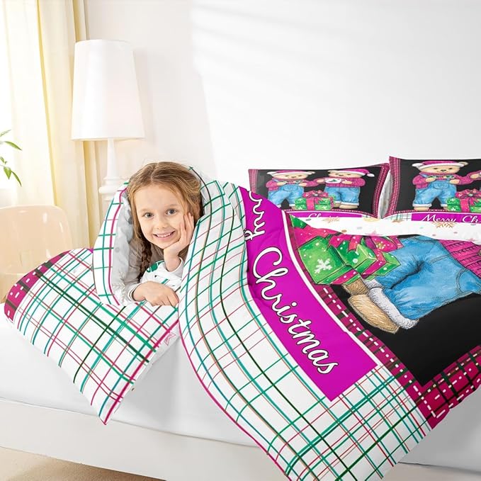 Feelyou Merry Christmas Kids Comforter Set Full Size Cute Bear Bedding Set Duvet Quilt for Kids Boys Girls Bedroom Winter Decor Microfiber Ultra Soft Breathable