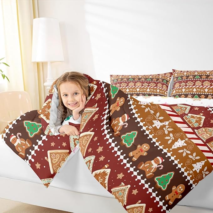 Feelyou Merry Christmas Comforter Set Full Size Greenland Home Bedding Set for Kids Boys Girls Xmas Tree Duvet Quilt Striped Bedroom Decor Microfiber 3 Pcs with 2 Pillow Cases