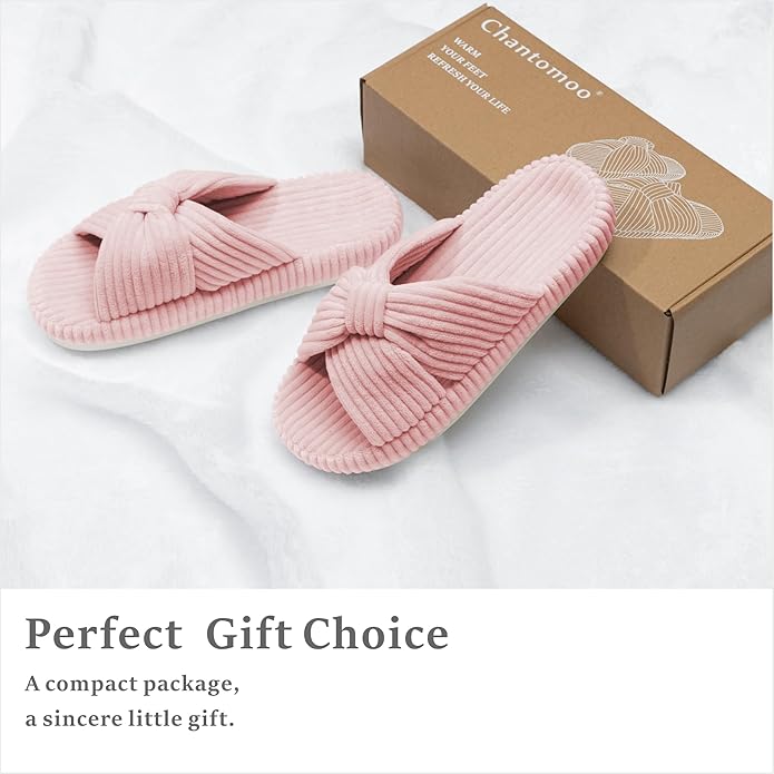 Chantomoo Slippers for Women Memory Foam House Bedroom Corduroy Bow Crossbands Slipper Shoes Comfy Trendy Gift Slippers