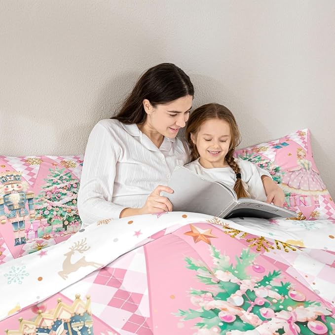 jejeloiu Christmas Nutcracker Comforter Set Queen Size Gingerbread Man Bedding Set for Kids Boys Girls Xmas Tree Duvet Quilt Pink Bedroom Decor