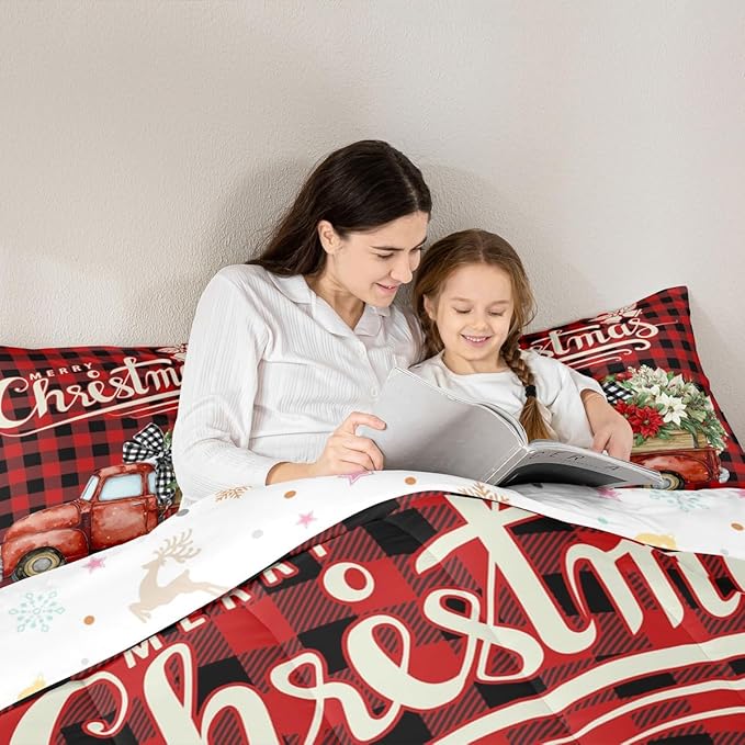 Kids Christmas Truck Comforter Set Queen Size,Floral Leaves Romantic Bedding,Girls Boys Adults Bedroom/Xmas Cabin Decor,Geometric Plaid Retro Down Comforter,Rustic Farm Duvet Insert,2 Pillowcases
