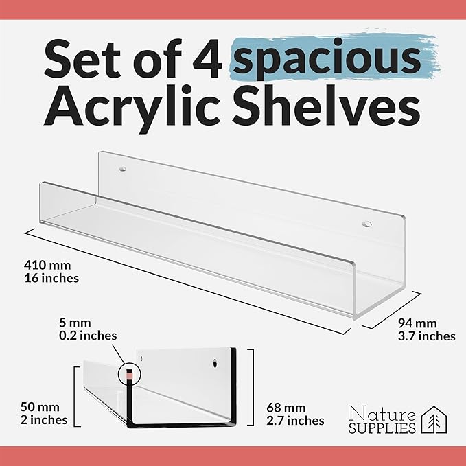 NATURE SUPPLIES Acrylic Bookshelf, Set of 4, 16" Clear Floating Shelves, Modern and Durable Nursery Wall Display for Toys, Stylish Acrylic Shelves for Home or Office Space-Saving Storage Solution