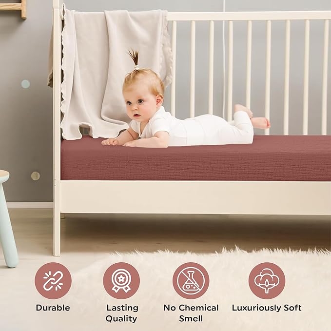Organic Cotton Muslin Crib Sheets (Set of 2) – Soft & Breathable Fitted Sheets for Boys and Girls, Neutral Colors – Fits Standard Baby Crib Mattress (28 x 52 Inches) (Rust/Ivory)