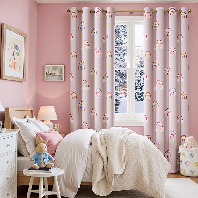 jinchan Nursery Blackout Curtains for Kids Room Rainbow Pink Curtains Cute Girls Bedroom Dorm Playroom Window Treatment Grommet Thermal Insulated Room Darkening 2 Panels 63 Inch Length