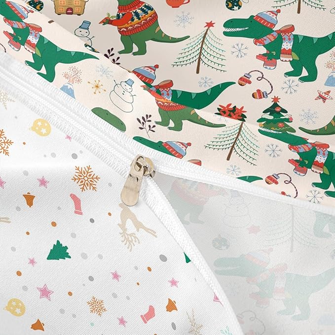 Christmas Bedding Set for Kids Boys Girls Cartoon Dinosaur Christmas Tree Comforter Cover Set Snowman New Year Duvet Cover Bedroom Decor Xmas Theme Bedspread Cover Toddler Size Bedding Collection 2Pcs