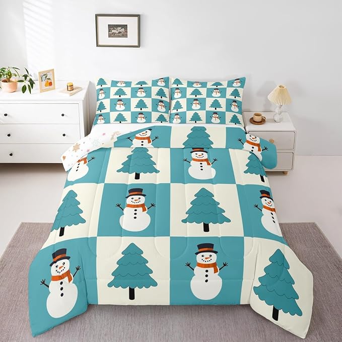Feelyou Merry Christmas Comforter Set All Season Snowman Bedding Set with 1 Pillow Cases Xmas Tree Microfiber Kids Twin Bedclothes Bedroom Decor Duvet Quilt Breathable Soft Lightweight