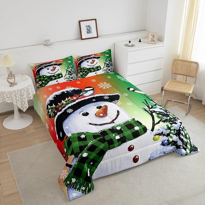 Feelyou Kids Christmas Theme Decorations Bedding Set Xmas Snowman Comforter Set for Boys Girls Snowflake Kawaii Cute Comforter Orange Red Green Quilt Set Bedroom Collection Queen Size