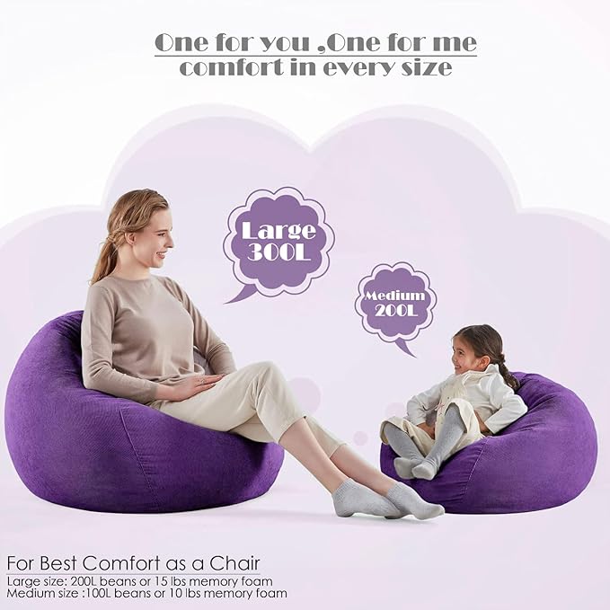 Nobildonna 3 ft Bean Bag Chair Cover (No Filler) 35"×43" Large Stuffed Animal Storage Bean Bag Washable Big Beanbag Chair Cover Premium Corduroy Bean Bag Cover for Adults,Kids,Purple 300L