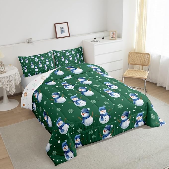 jejeloiu Kids Cute Winter Snowman Comforter Set King Size Green Christmas Theme Bedding Set for Boys Girls Teens Xmas Snowflake Happy New Year Duvet Quilt Room Decor