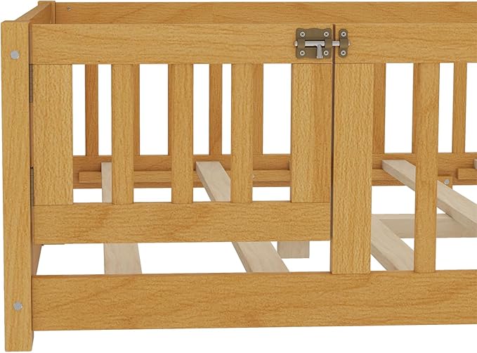Harper & Bright Designs Full Floor Bed with Safety High Fence, Wood Montessori Bed with Door, Full Size Floor Beds with Solid Wood Support Slats for Boys, Girls, Kids, Natural
