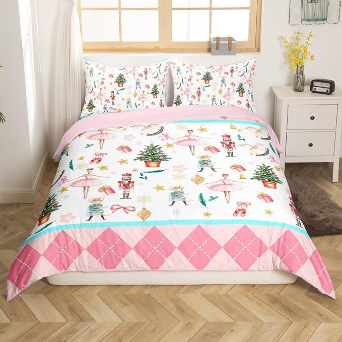 Feelyou Nutcracker Christmas Pink Comforter Cover King Size Xmas Royal Guarder Ballet Princess Duvet Cover New Year Pink Buffalo Plaid Bedding Set Gifts for Kids Boys Girls 2 Pillow Cases