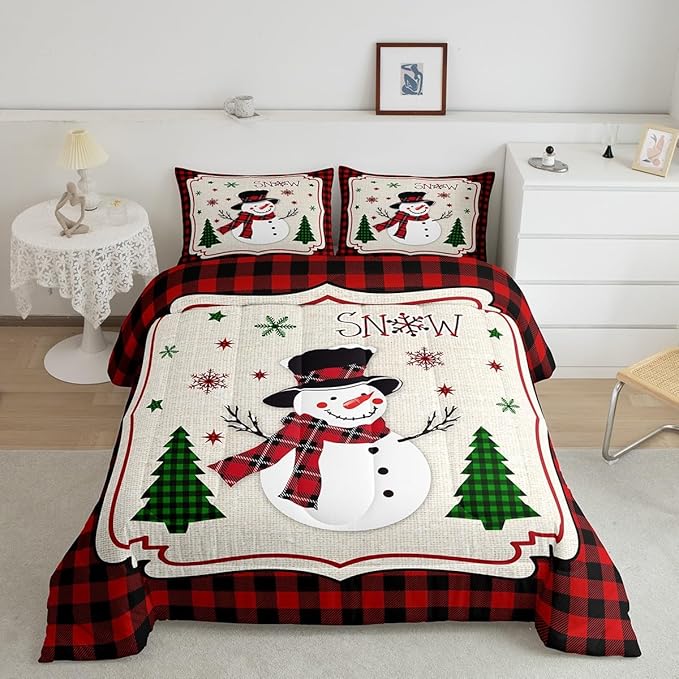 Manfei Cute Snowman Comforter Set Twin Size, Xmas Trees Snowflake Down Comforter with 1 Pillowcase, Christmas Theme Red Plaid Bedding Set 2pcs for Kids Girls Room Decor New Year Duvet Insert
