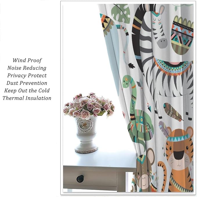 Jungle Tribal Animals Curtains, Southwest Aztec Cartoon Funny Zoo Animals Giraffe Lion Elephant Zebra Tiger Print Thermal Insulation Window Drapes for Kids Boys Girls Bedroom Living Room 84x84in