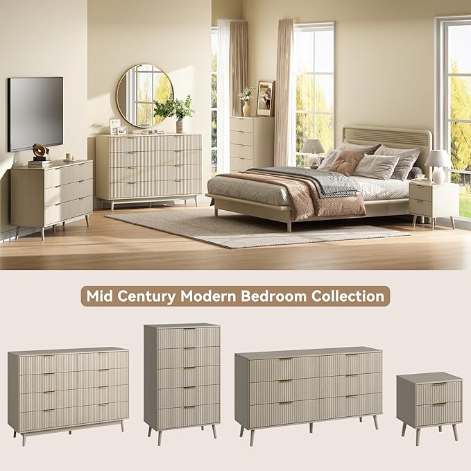 CARPETNAL Fluted 7 Drawer Dresser for Bedroom, 55" Wide Wooden Chest of Drawers with Rounded Corners, Gold Handles, Modern Storage Organizer for Bedroom, Hallway(Beige)