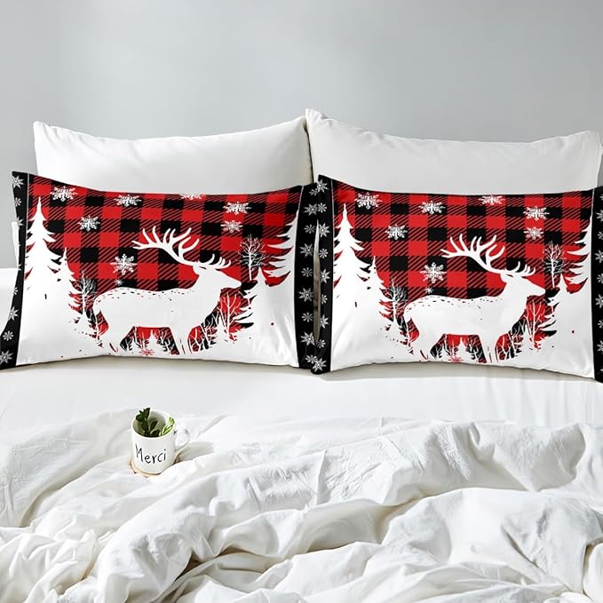 Manfei Christmas Duvet Cover Set King Size, Xmas Deer Tree Snowflake Print Bedding Set 3pcs for Kids Boys Girls Bedroom Decor, Black Red Plaid Print Comforter Cover with 2 Pillowcases,No Comforter