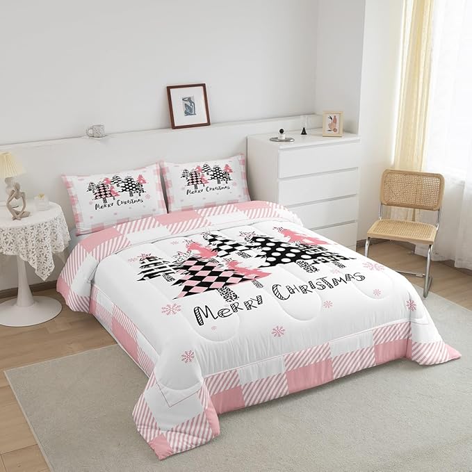 Manfei Merry Christmas Comforter Set Twin Size, Pink Plaid Xmas Trees Bedding Set 2pcs, New Year Cartoon Down Comforter for All Season, Kids Girls Santa Claus Bedroom Decor, 1 Pillowcase, No Sheets