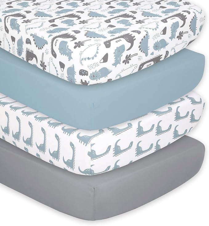 The Peanutshell 4-Pack Fitted Crib Sheet Set - Super Soft & Breathable Baby Boy Crib Sheets, Nursery Decor, Fit for Standard Mattress Cover- Dinosaur