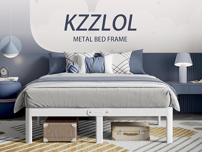 White King Size Bed Frame 12 Inch, Metal Camas King Bed Frame No Box Spring Needed, Heavy Duty Steel Support 3500 LBS, DIY Headboard, Noiseless, Round Corner Legs, Storage Space, Easy Assembly