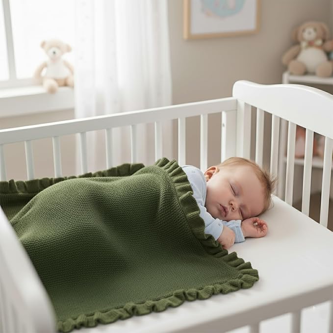 Cotton Baby Blanket with Ruffle Edge Soft Breathable Newborn Blanket for Boys & Girls, Lightweight Knit Throw for Crib, Stroller & Nursery Multiple Colors Available Green 30x40