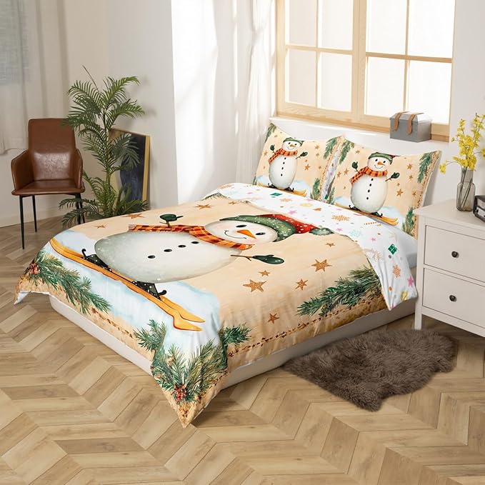 Manfei Christmas Kids Duvet Cover Set King Size, Cute Snowman Bedding Set for Boy Girl Room Decor, New Year Holly Leaf Print Comforter Cover, Lightweight Bedspread Cover, 2 Pillowcases, No Comforter
