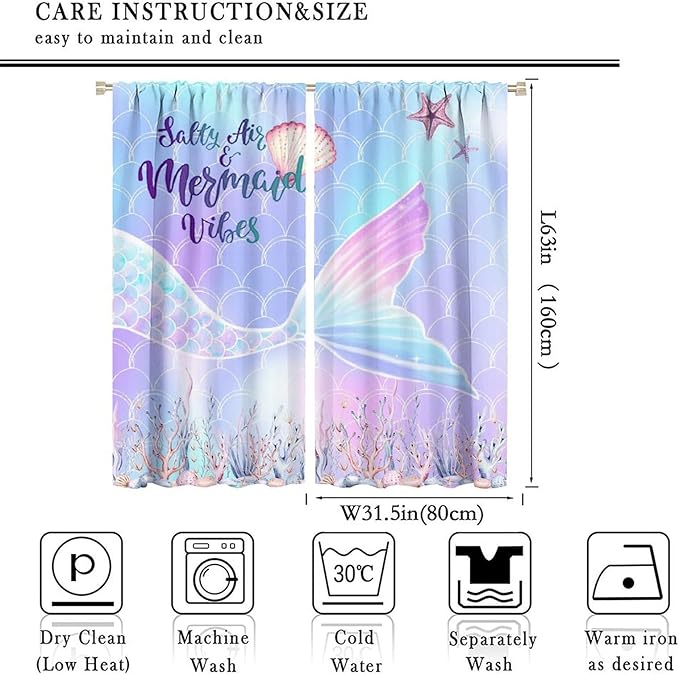 Fantasy Mermaid Curtain Colorful Rainbow Fish Tail Ocean Theme Beautiful Kids Window Treatment for Girls Bedroom Nursery Room Decor Rod Pocket Window Drapes 63x63in