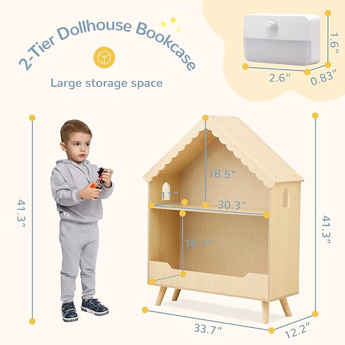 Curipeer Kids Dollhouse Bookshelf, Wooden Bookcase Storage with Motion-Activated Light, 2-Tier Open Display Organizer for Toys and Books, Baby Bookshelf for Birthday, Christmas, Natural Wood Color