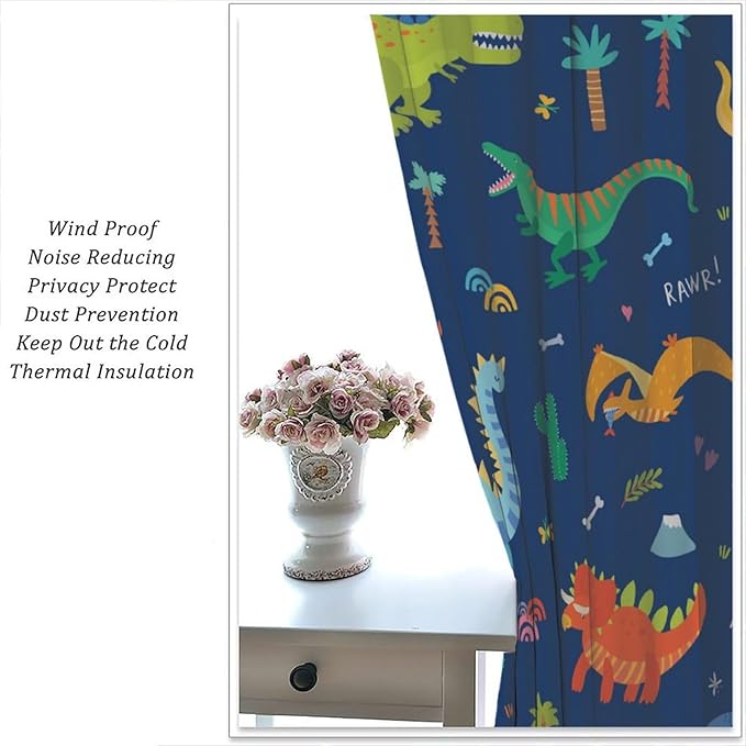 Funny Dinosaur Blackout Curtains Colorful Cartoon Animals Dino Tropical Plant Art Print for Kids Boys Bedroom Living Room Rod Pocket Decoration Window Drapes 2 Panels W42xL84in