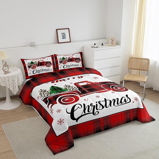 Manfei Red Truck Comforter Set Queen Size, Xmas Tree Snowflake Bedding Set 3pcs for Kids Boys Girls Bedroom Decor, Christmas Theme Red Plaid Quilt Set New Year Duvet Insert with 2 Pillowcases