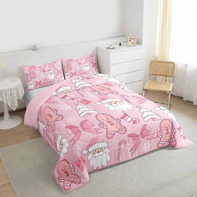 Feelyou Pink Christmas Bedding Set Soft for Boys Girls, Santa Claus Comforter Set King Size Gingerbread Man Duvet Quilt Microfiber Bow Candy Cane Bedroom Decor 3 Pcs with 2 Pillow Cases
