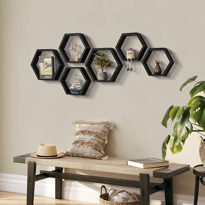 CADUKE Hexagonal Floating Shelves Set of 6 Hexagon Sheves Wall Mount Wood Storage Honeycomb Shelf Farmhouse Wall Decor Shelves for Bedroom Living Room, Black