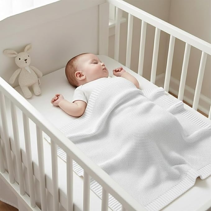 Baby Knit Blanket Soft Cotton Lightweight Newborn Blanket for Crib Stroller Toddler Nursery Shower Gift Cozy Breathable Travel Swaddle Wrap White 30 x 30 Inches