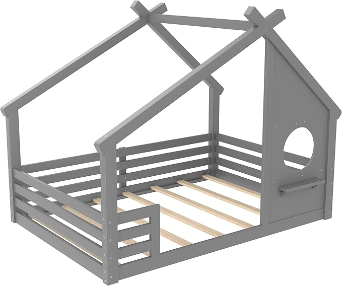 SOFTSEA Full Size House Bed Frame, Kids Floor House Bed with Window and with Storage Shelf for Boys Girls, Wood Montessori Bed with Roof and Guardrails, Grey
