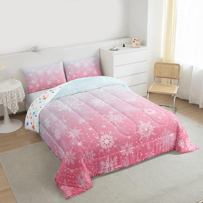Feelyou Christmas Comforter Set Full Size Winter Snowflake Bedding Set for Kids Boys Girls Blue Pink Gradient Duvet Quilt Bedroom Decor Microfiber 3 Pcs with 2 Pillow Cases