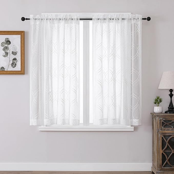 VISIONTEX White Sheer Curtains 54 Inch Length 2 Panels Set Moroccan Embroidered Curtains Trellis Decor French Textured Rod Pocket Voile Tulle Semi Window Drapes for Bedroom Living Room 54 x 54 Inches