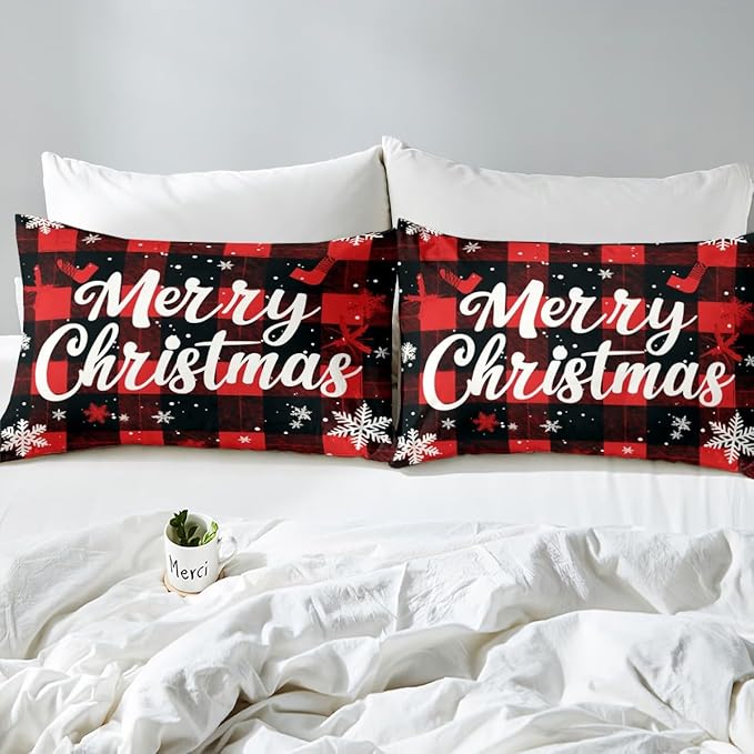 Red Black Plaid Duvet Cover Set Twin Size Merry Christmas Bedding Set 2pcs for Kids Boys Teens Western New Year Theme Comforter Cover White Snowflake Print Quilt Cover with 1 Pillowcase,No Comforter